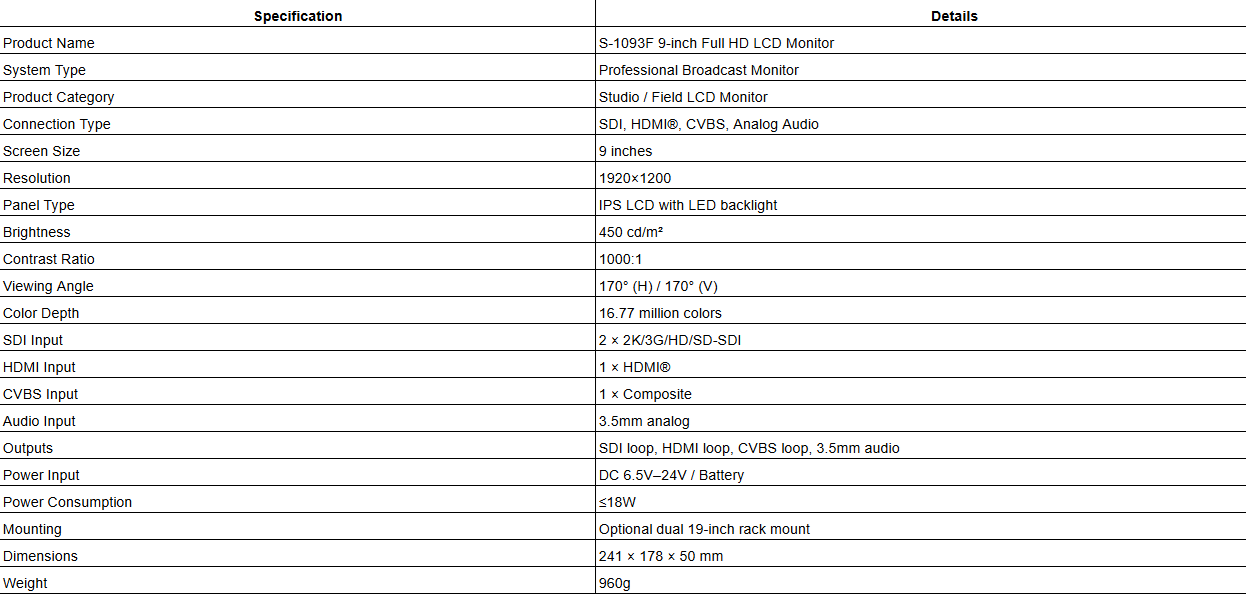 S-1093F 9-inch Full HD LCD Monitor with Dual Rack Mount Option