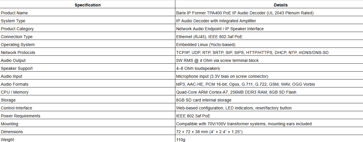 Barix IP Former TPA400 PoE IP Audio Decoder (UL 2043 Plenum Rated)