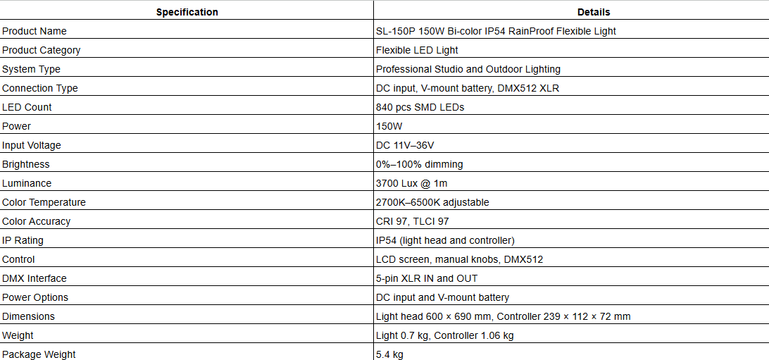 SL-150P 150W Bi-color IP54 RainProof Flexible Light