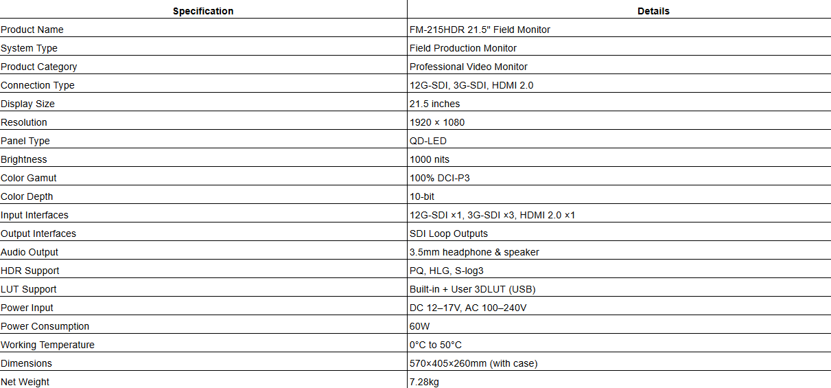 FM-215HDR 21.5 inch 1000nits 12G-SDI HDR QD-LED Field Monitor