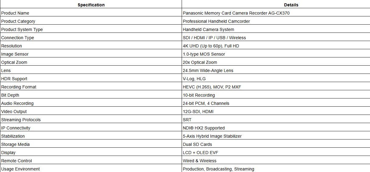 Panasonic AG-CX370 4K Camcorder
