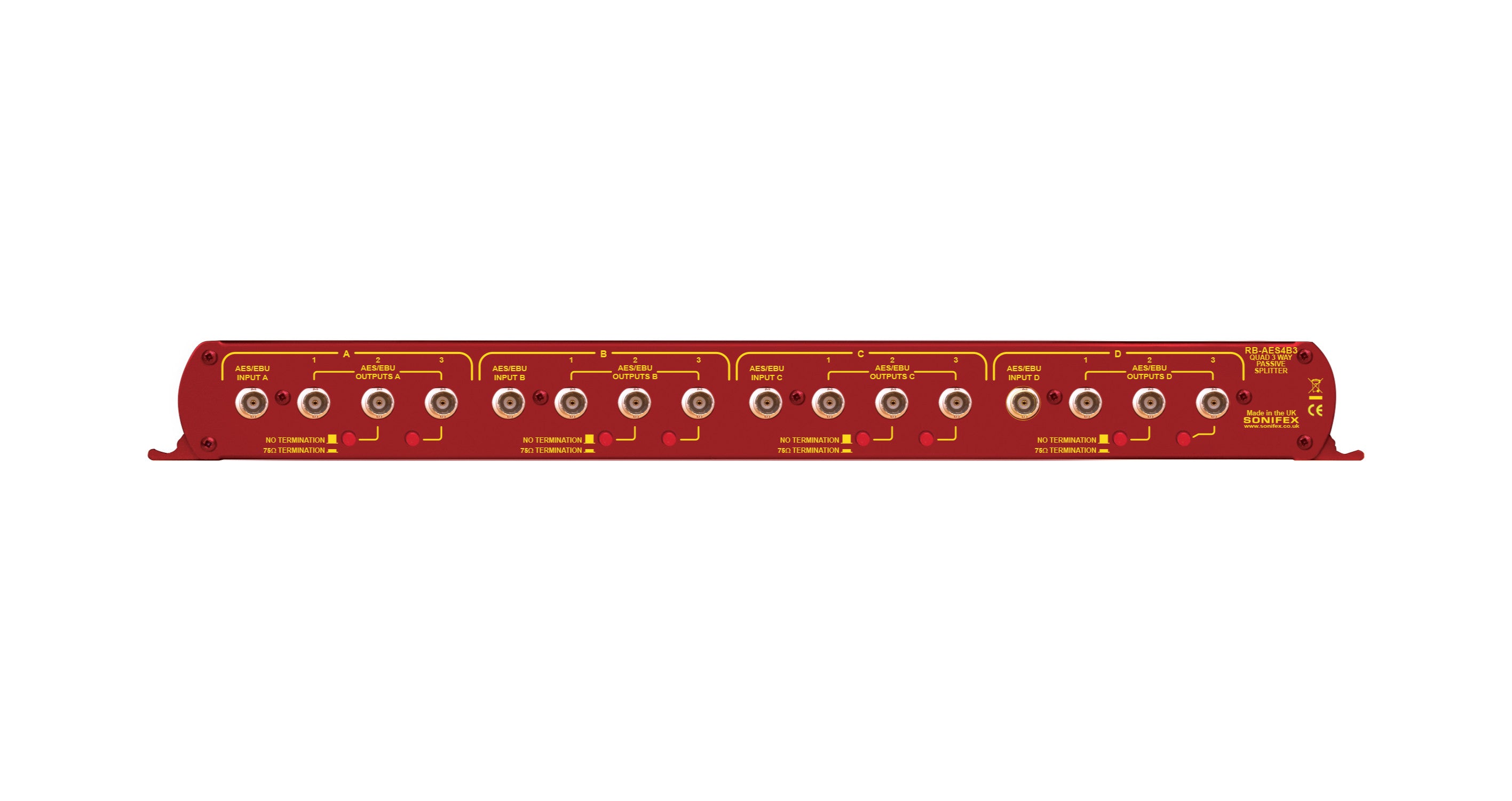 RB-AES4B3 Quad 3-Way Passive AES-3id Splitter | 4x12 BNC Digital Audio Distribution
