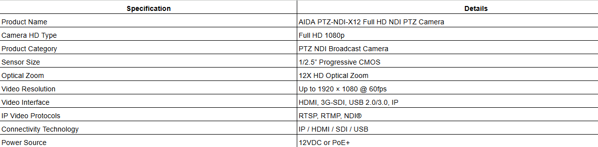 AIDA PTZ-NDI-X12 Full HD NDI|HX PTZ Camera