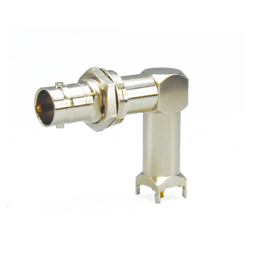 Canare BCJ Hex-Nut PCB-Mount 75-Ohm BNC Receptacle Series | Bulkhead Panel-Stabilized Right Angle & Straight Board Connectors | 12G-SDI / 3G-SDI Broadcast Equipment Interface