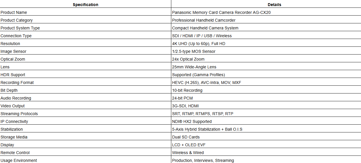 Panasonic Memory Card Camera Recorder AG-CX20