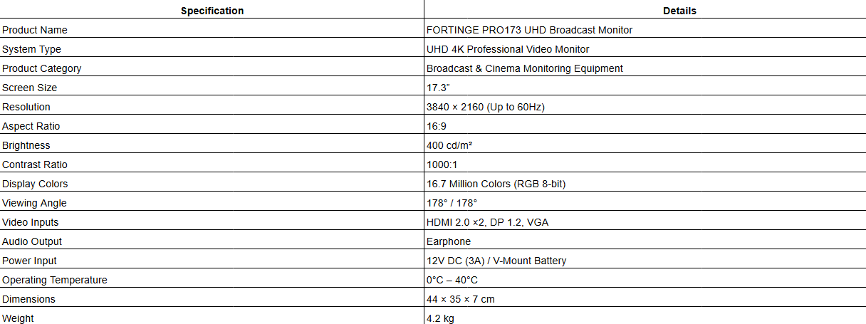 FORTINGE PRO173 UHD Broadcast Monitor