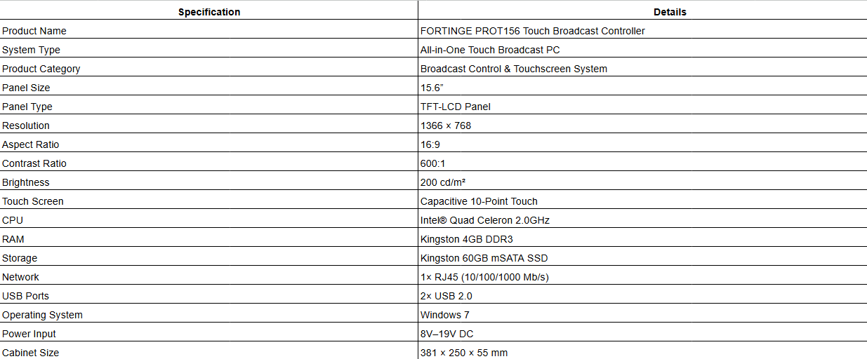 FORTINGE PROT156 Touch Broadcast Controller