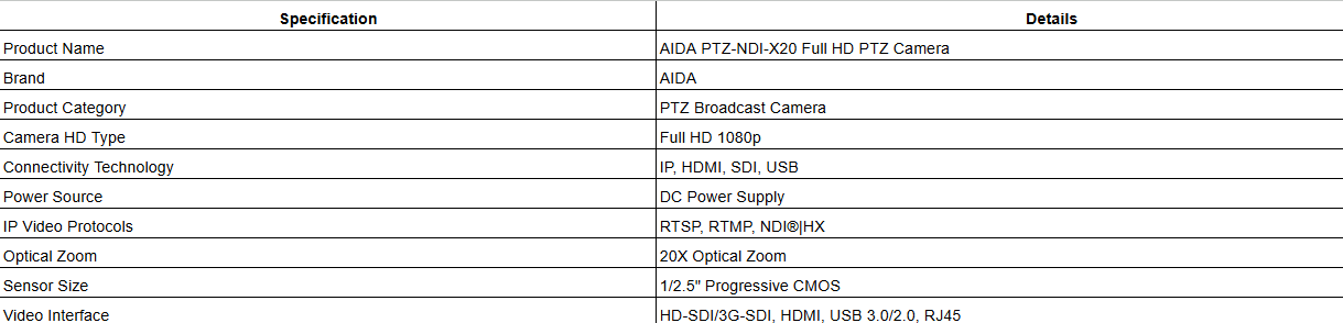 AIDA PTZ-NDI-X20 Full HD NDI|HX PTZ Camera