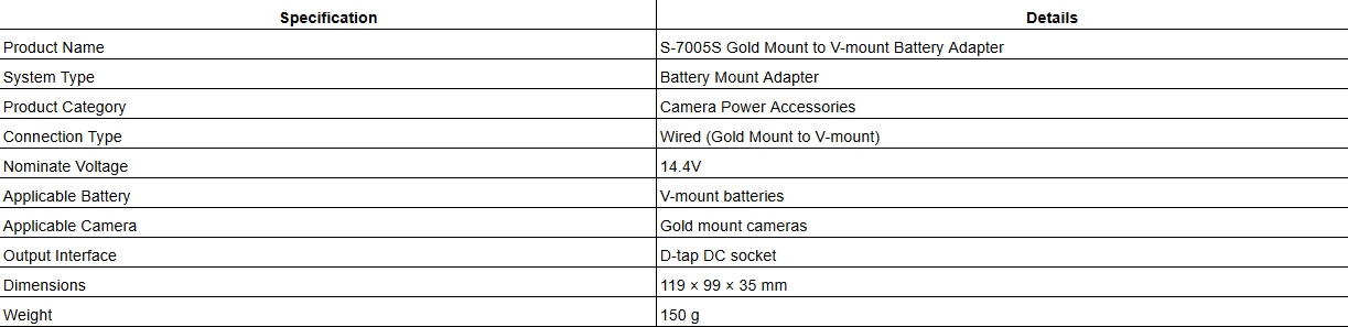 S-7005S Gold Mount to V-mount Battery Adapter