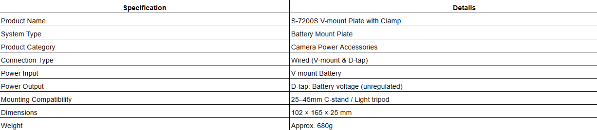 S-7200S V-mount Plate with Clamp