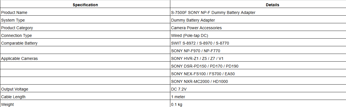 S-7500F SONY NP-F Dummy Battery Adapter