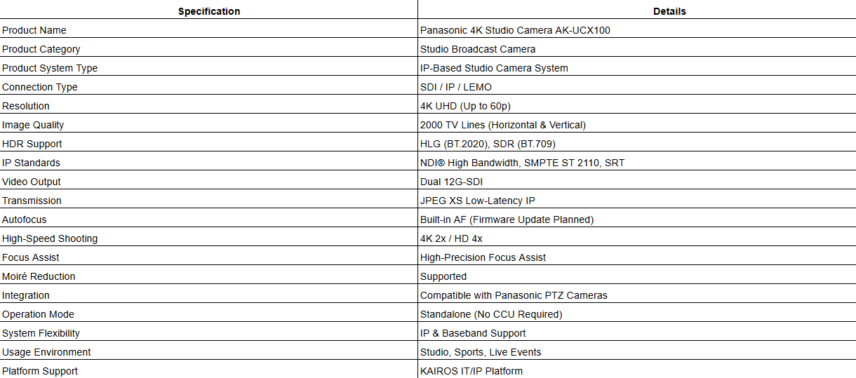 Panasonic 4K Studio Camera AK-UCX100 (LEMO Connector Model)