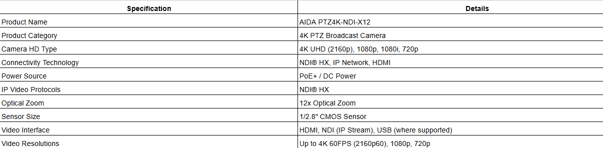 AIDA PTZ4K-NDI-X12 (PTZ4K-NDI-X12B / PTZ4K-NDI-X12W)