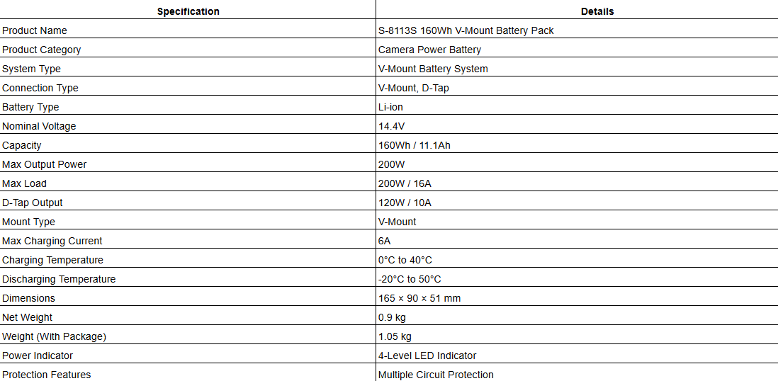 S-8113S 160Wh V-Mount Battery Pack