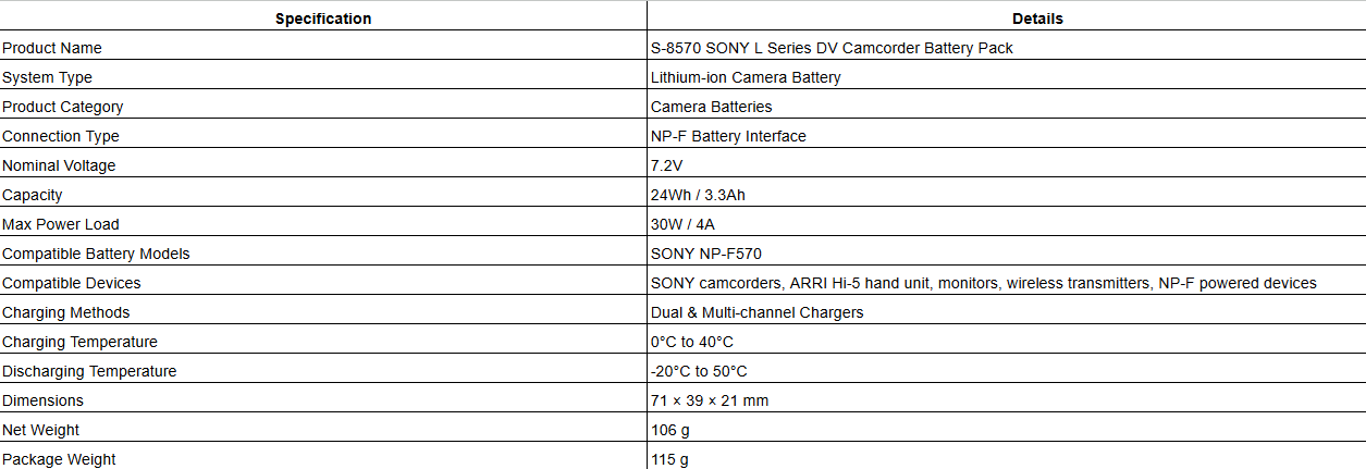 S-8570 SONY L Series DV Camcorder Battery Pack