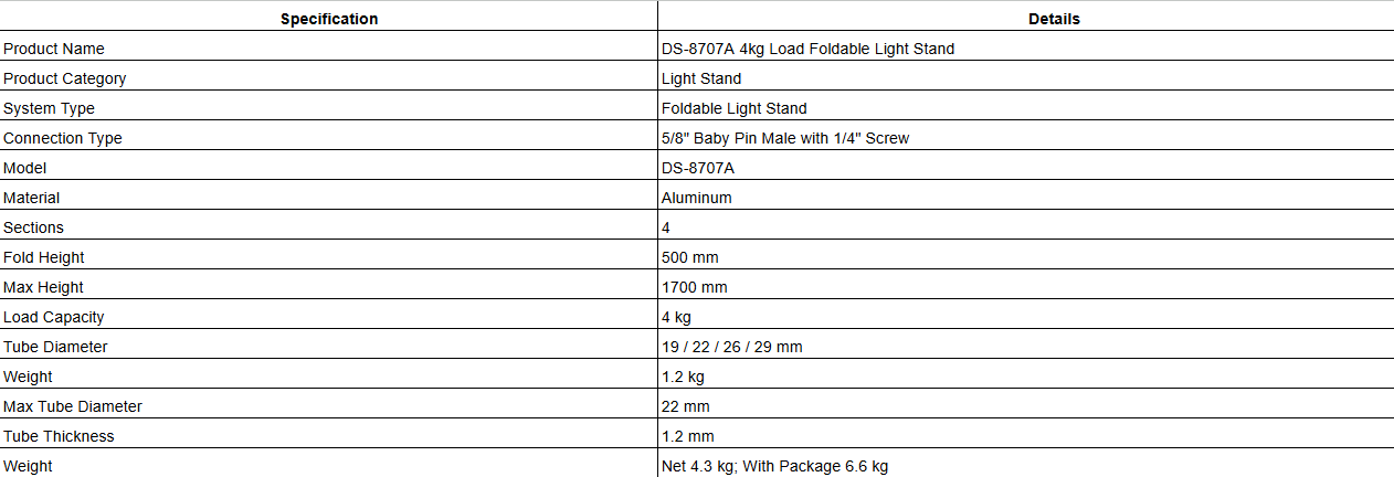 DS-8707A 4kg Load Foldable Light Stand