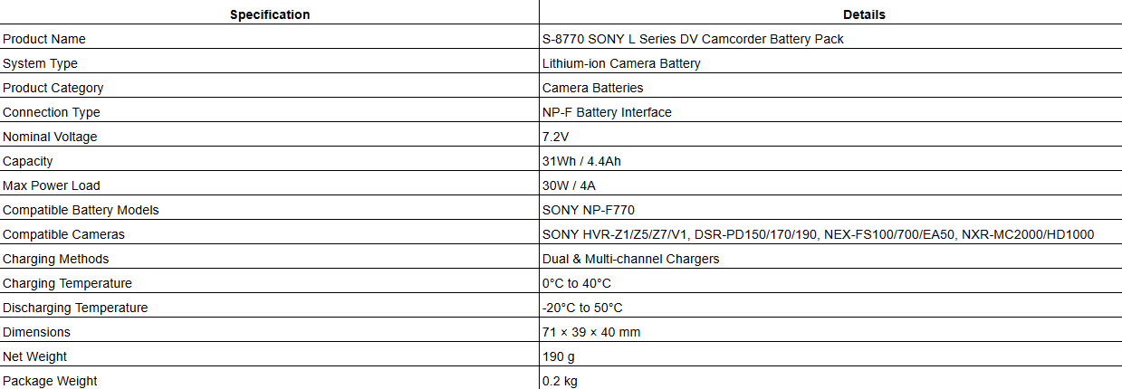 S-8770 SONY L Series DV Camcorder Battery Pack