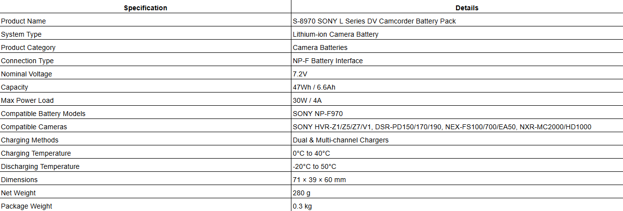 S-8970 SONY L Series DV Camcorder Battery Pack