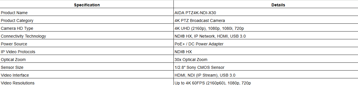 AIDA PTZ4K-NDI-X30 (PTZ4K-NDI-X30B / PTZ4K-NDI-X30W)