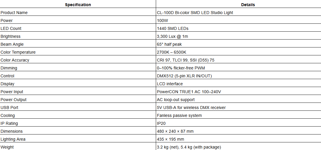 CL-100D 100W Bi-color Studio SMD Panel LED Light