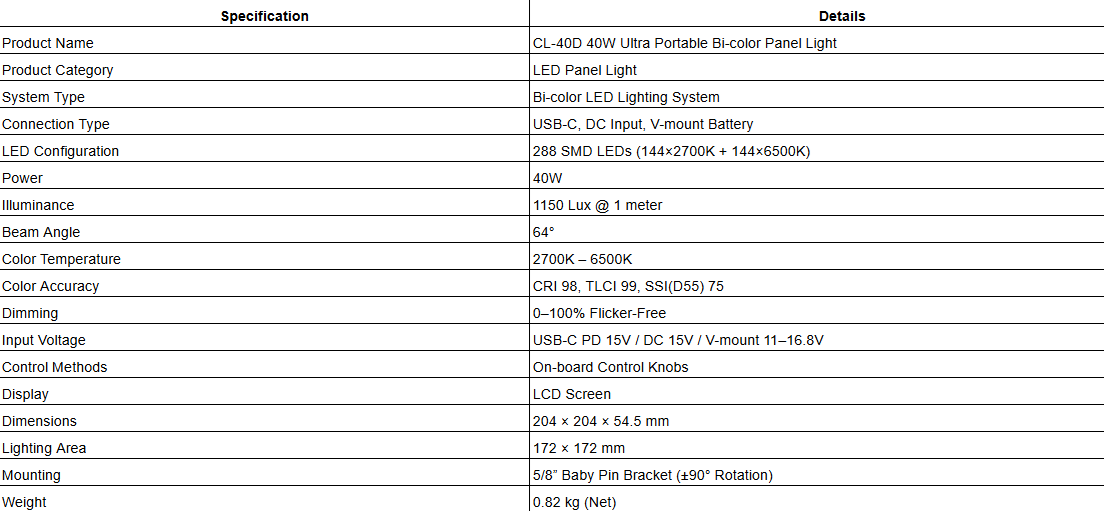 CL-40D 40W Ultra Portable Bi-color Panel Light