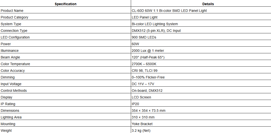 CL-60D 60W 1:1 Bi-color SMD LED Panel Light