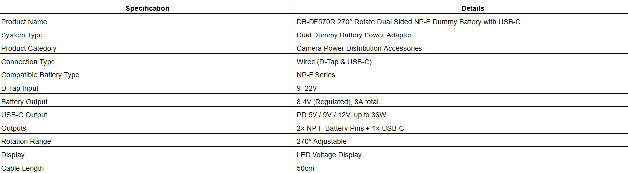 DB-DF570R 270° Rotate Dual Sided NP-F Dummy Battery with USB-C