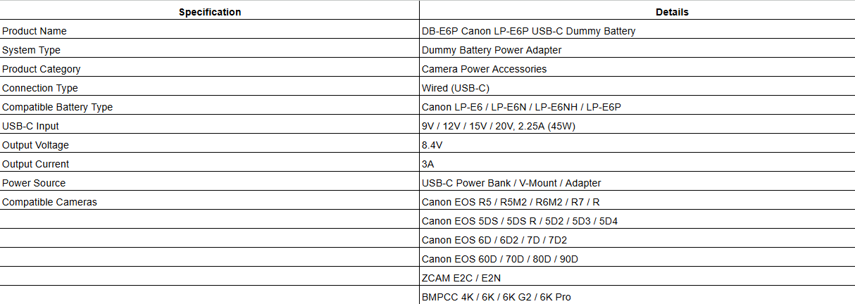DB-E6P Canon LP-E6P USB-C Dummy Battery