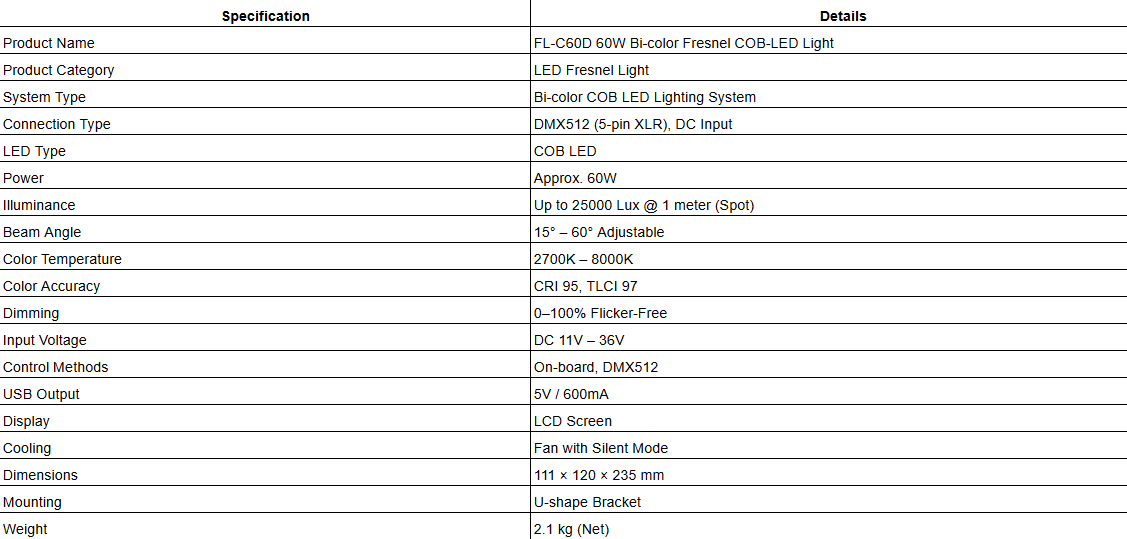 FL-C60D 60W Bi-color Fresnel COB-LED Light