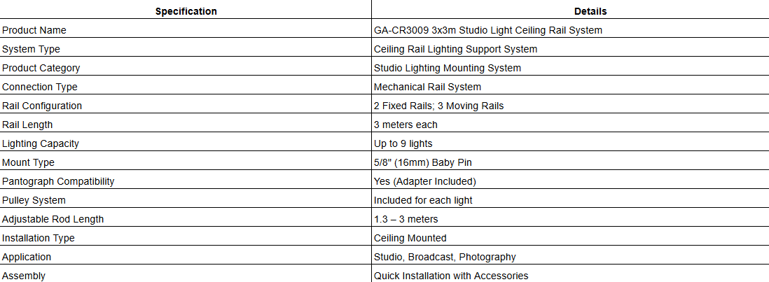 GA-CR3009 3x3m Studio Light Ceiling Rail System
