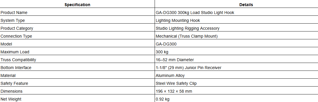 GA-DG300 300kg Load Studio Light Hook