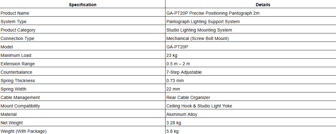 GA-PT20P Precise Positioning Pantograph 2m