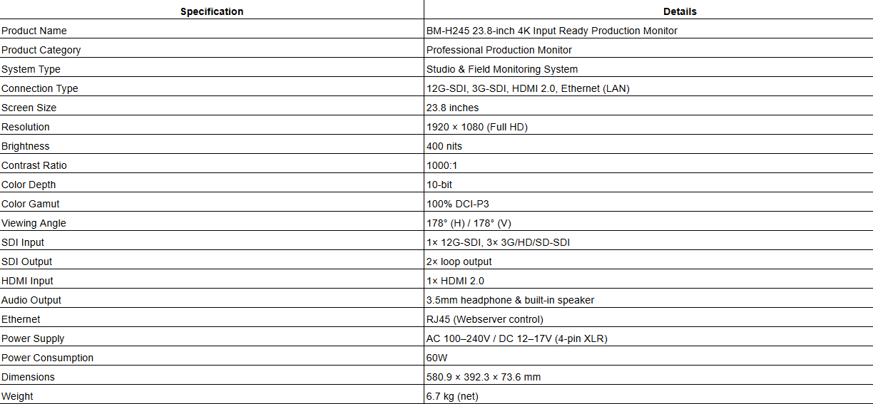 BM-H245 23.8-inch 4K Input Ready Production Monitor