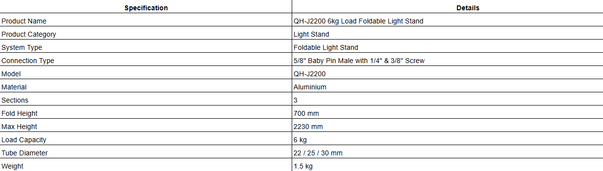 QH-J2200 6kg Load Foldable Light Stand