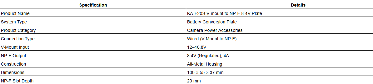 KA-F20S V-mount to NP-F 8.4V Plate