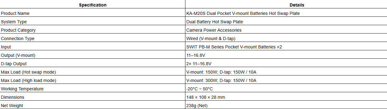 KA-M20S Dual Pocket V-mount Batteries Hot Swap Plate