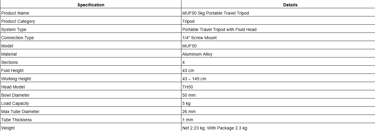 MUF50 5kg Portable Travel Tripod