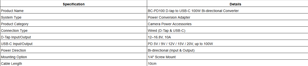 BC-PD100 D-tap to USB-C 100W Bi-directional Converter