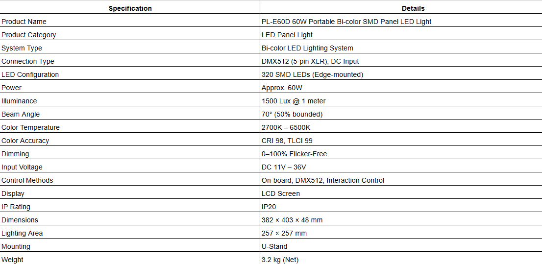 PL-E60D 60W Portable Bi-color SMD Panel LED Light