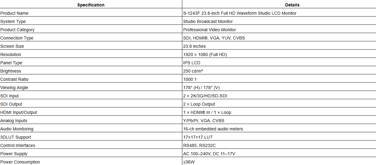 S-1243F 23.8-inch Full HD Waveform Studio LCD Monitor