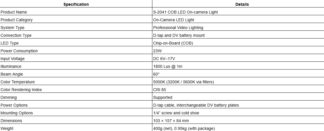 S-2041 COB LED On-camera Light