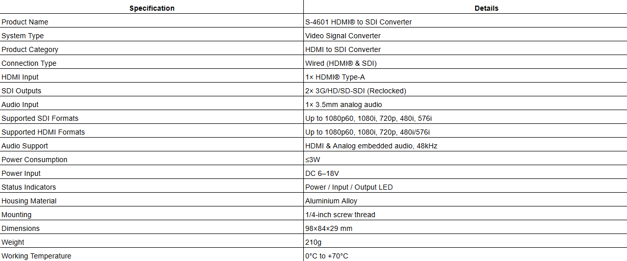S-4601 HDMI® to SDI Converter