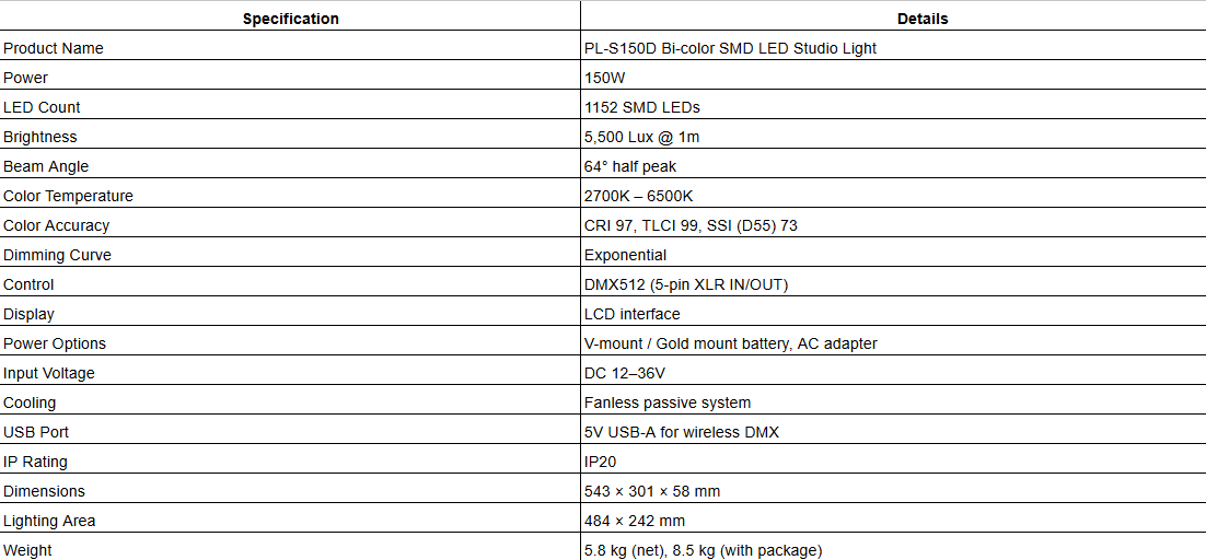 PL-S150D 150W Bi-color Studio SMD LED Light