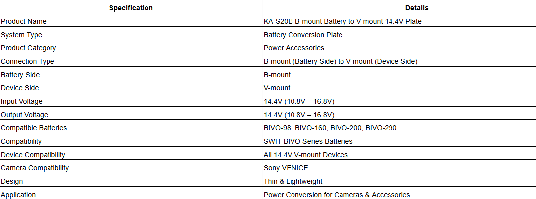 KA-S20B B-mount Battery to V-mount 14.4V Plate
