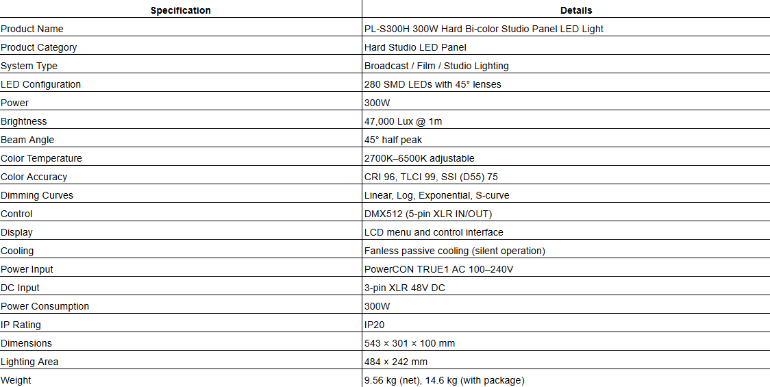 PL-S300H 300W Hard Bi-color Studio Panel LED Light
