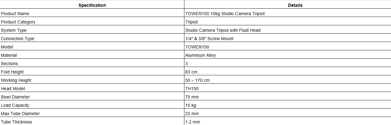 TOWER150 15kg Studio Camera Tripod