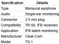 Clear-Com TS-1 Monaural IFB Talent Earphone