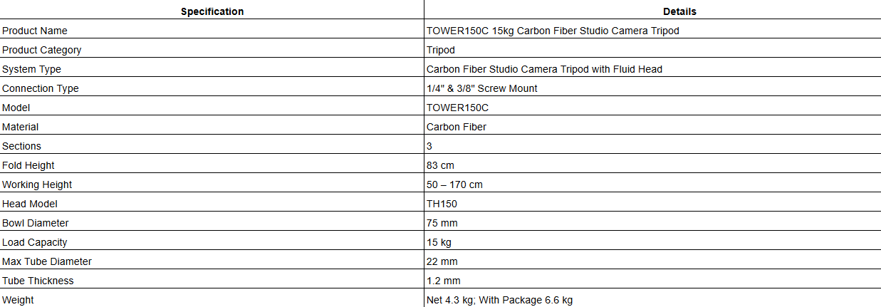 TOWER150C 15kg Carbon Fiber Studio Camera Tripod
