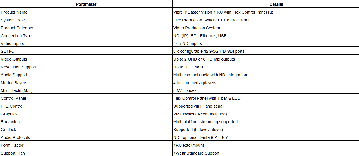 TriCaster Vizion 1 RU with Flex Control Panel Kit (1-Year Standard Support, 3-Year Viz Flowics)