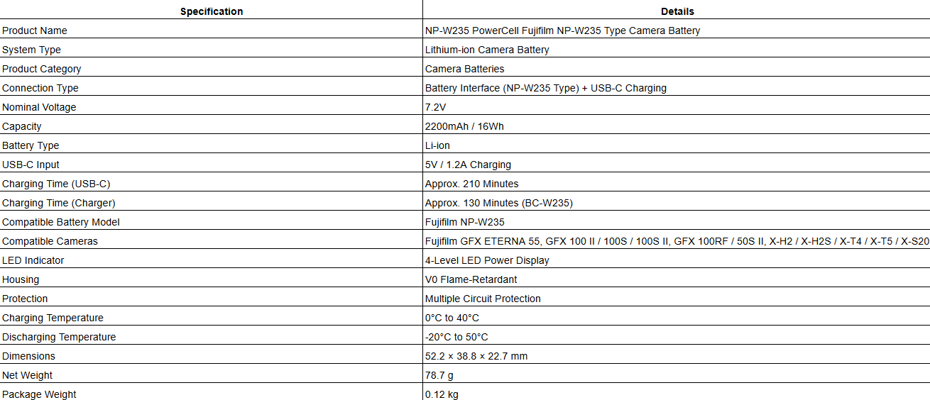 NP-W235 PowerCell Fujifilm NP-W235 Type Camera Battery
